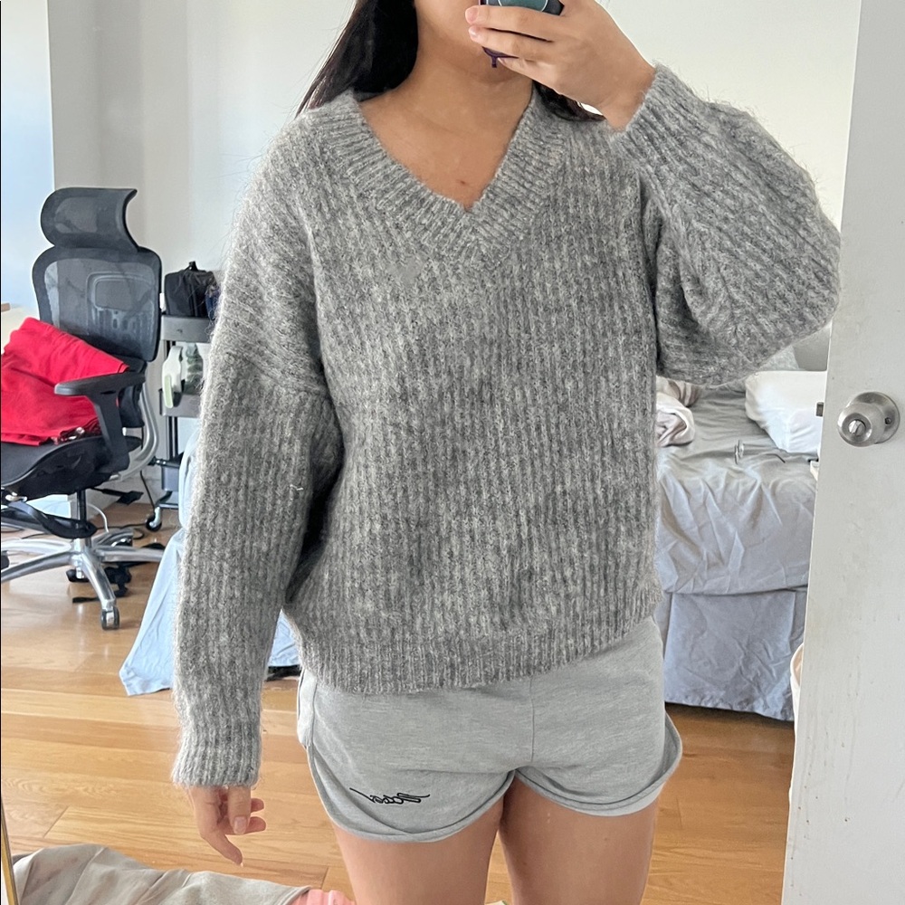Fuzzy/Baggy Gray V-Neck Sweater